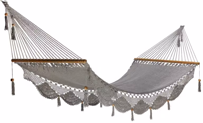 Hamaca de madera nicaragüense Hamac del sol en color gris, fabricada en 100% algodón con estructura de madera tratada, An/P/Al: 100 x 360 cm