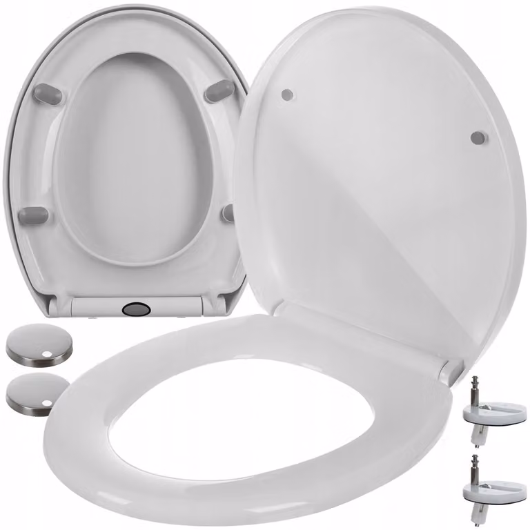 Asiento de inodoro universal Ruhhy ovalado con cierre automático soft close en color blanco y materiales de plástico y acero inoxidable An/P/Al: 44 x 37 x 44 cm
