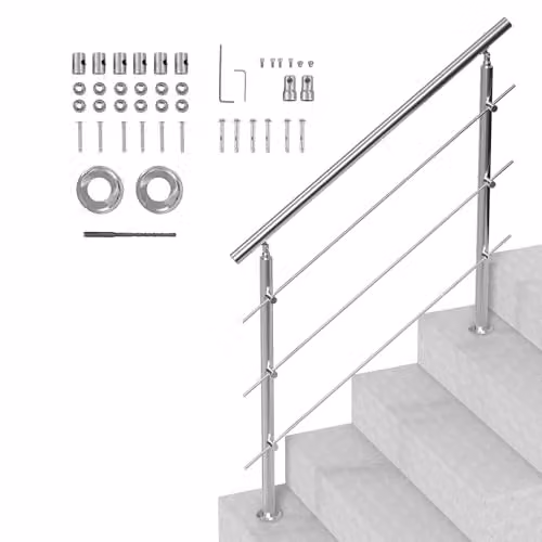 Pasamanos de escalera VEVOR de acero inoxidable con 3 travesaños y kit de instalación, color plata, An/P/Al: 120 x 100 x 106 cm
