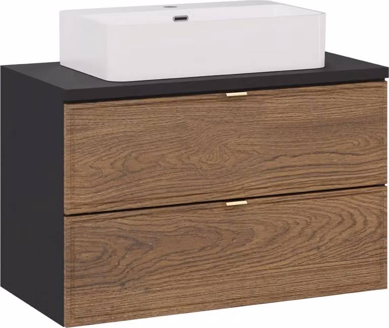 Mueble de baño suspendido DMK en color roble y negro con puertas y cajones de estilo moderno