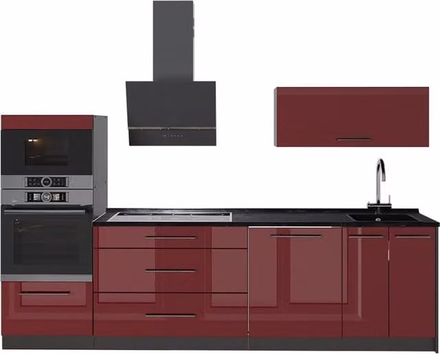 Mueble de cocina Vicco Fame-Line en rojo burdeos alto brillo y antracita, An/P/Al: 280 x 60 x 166,1 cm