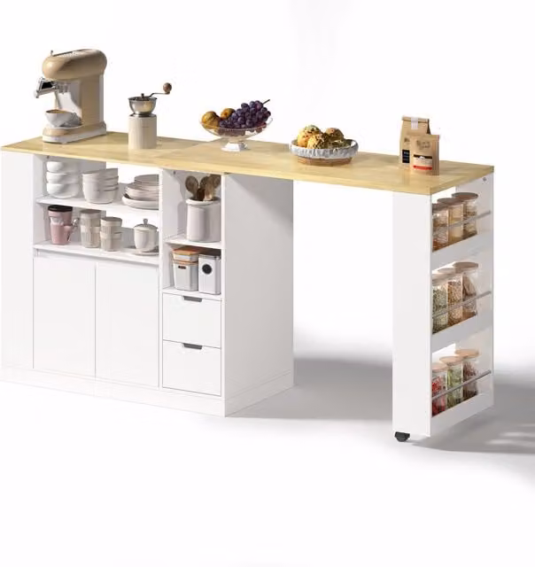 Isla de cocina STILVORA con encimera giratoria extensible, 2 cajones y estante de 3 niveles, en MDF, color blanco, An/P/Al: 115 x 50 x 92 cm