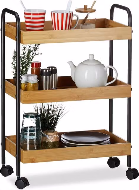 Carrito auxiliar de cocina relaxdays con 3 estantes de bambú y acero negro, An/P/Al: 70 x 50 x 28 cm