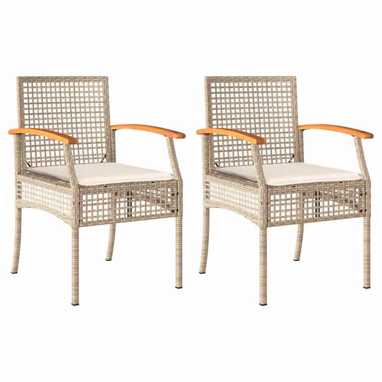 Set de 2 sillas de jardín Syfax con cojines de ratán PE y madera de acacia en color beige y marrón con reposabrazos