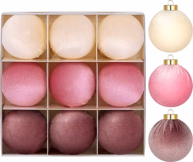 Juego de bolas navideñas StarryLights de terciopelo en tonos rosa, beige, rojo y multicolor