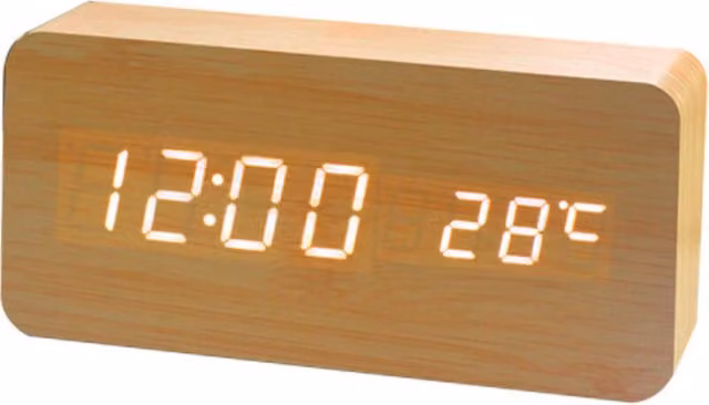 Reloj Despertador Digital Elle de Madera con LED, Visualización de Hora, Fecha y Temperatura y Control por Voz en Negro o Marrón