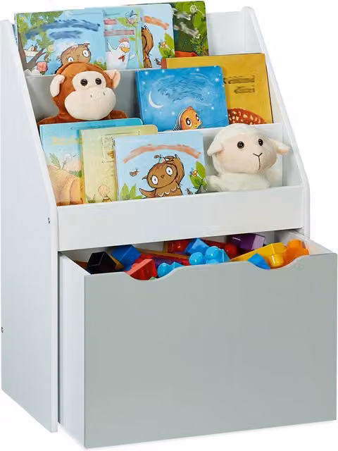 Estantería infantil para juguetes Relaxdays con 3 baldas y caja con ruedas, An/P/Al: 70 x 50,5 x 28 cm, blanca y gris