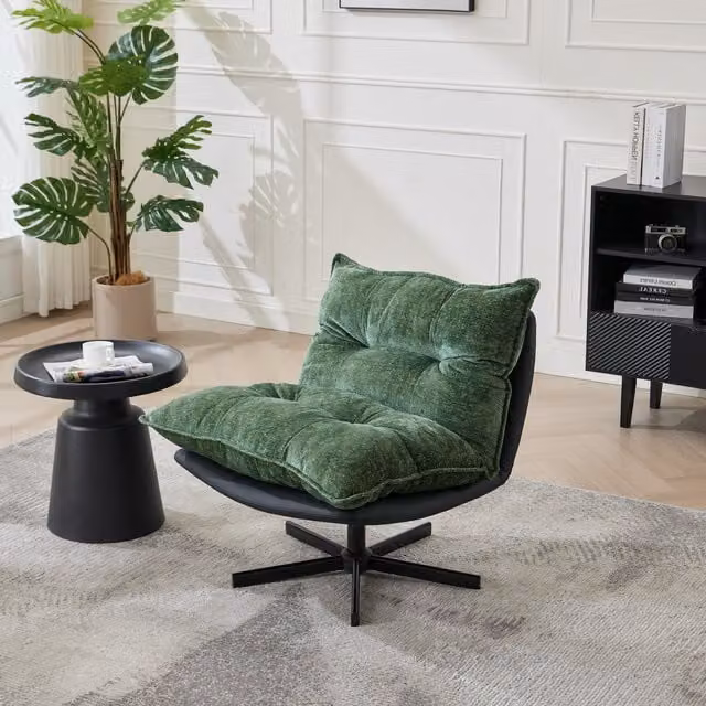 Sillón Reclinable Giratorio 360 de MODFU con Respaldo Ajustable, Estructura de Metal y Tapizado en Chenilla Verde y Negro