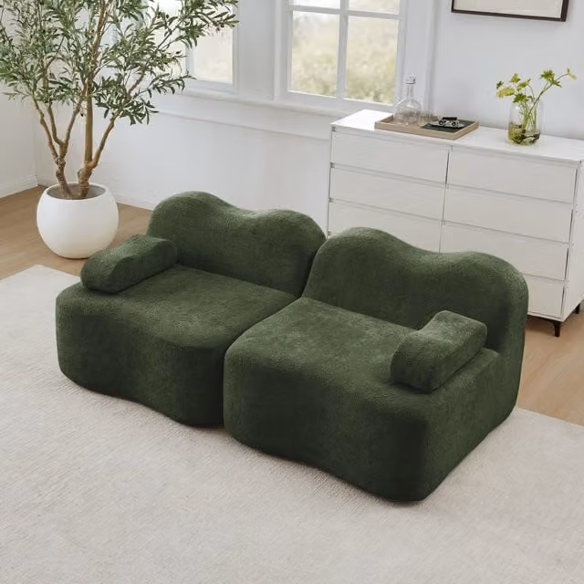Sofá Modular de 2 Plazas KELLANY con Forma Ondulada y Tapizado en Terciopelo Verde