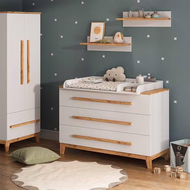 Cambiador Malia Vitalispa en blanco y roble con 3 cajones, An/P/Al: 133.2 x 98 x 70 cm