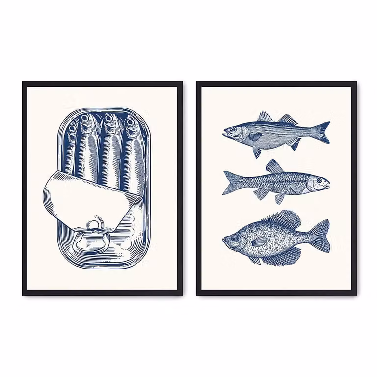 Set de 2 pósteres abstractos de Poster Lab en azul y negro con marco de madera, An/Al: 30 x 40 cm