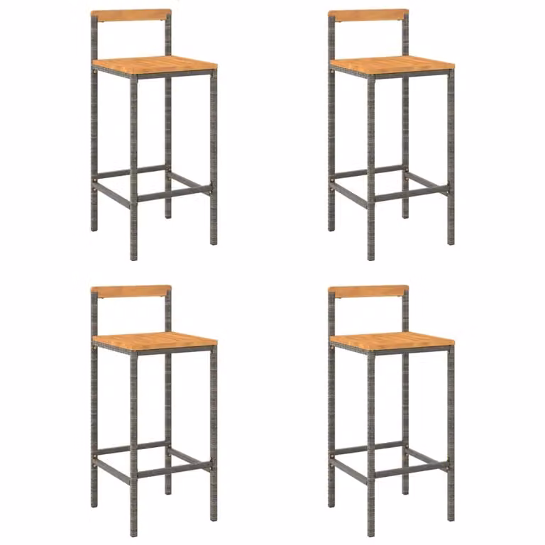 Set de 4 taburetes altos Syfax de madera de acacia y ratán sintético en colores gris y marrón con estructura de metal resistente a los rayos UV