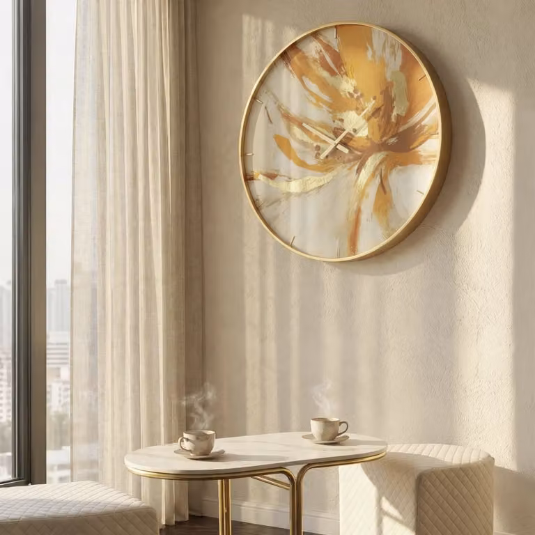 Reloj de pared analógico redondo Mauro Ferretti con diseño abstracto en madera y metal, multicolor y dorado, Diámetro: 80 cm, Grosor: 5 cm