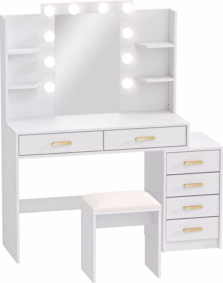 Tocador moderno Northio con espejo LED Hollywood y taburete, color blanco y dorado, An/P/Al: 140 x 40 x 120 cm