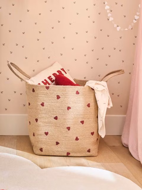 Cesta de almacenamiento XL de yute Corazón con asas de Vertbaudet, beige y rojo, An/P/Al: 40 x 40 x 40 cm