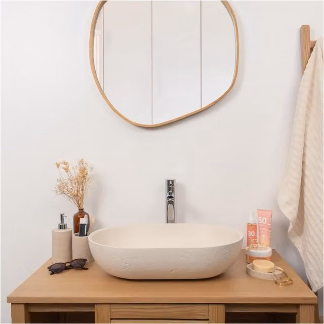 Lavabo de apoyo ovalado MOB IN en mineral cast disponible en beige o gris, An: 53 cm, P: 35 cm, Al: 13 cm
