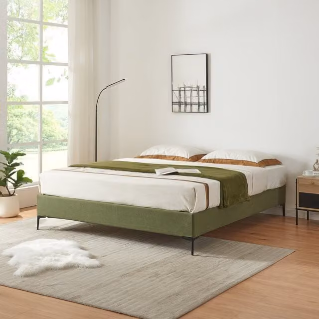 Cama doble Lilla de en.casa con revestimiento de pana en color verde, An/P: 160 x 200 cm