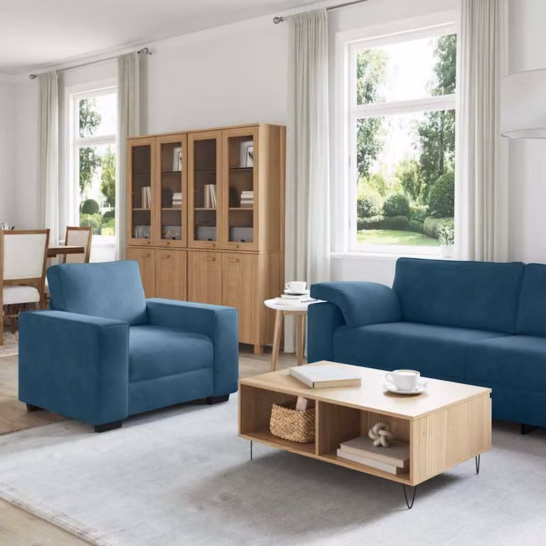 Juego de sofás de 3 piezas vidaXL tapizados en terciopelo azul con cojines y estructura mixta de madera y metal para salón o despacho