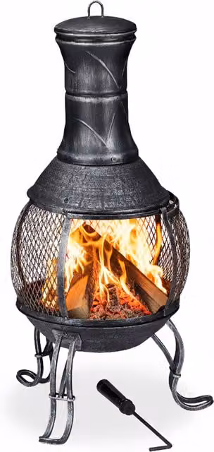 Chimenea de jardín Relaxdays en acero gris con atizador y rejilla protectora, Altura: 89 cm