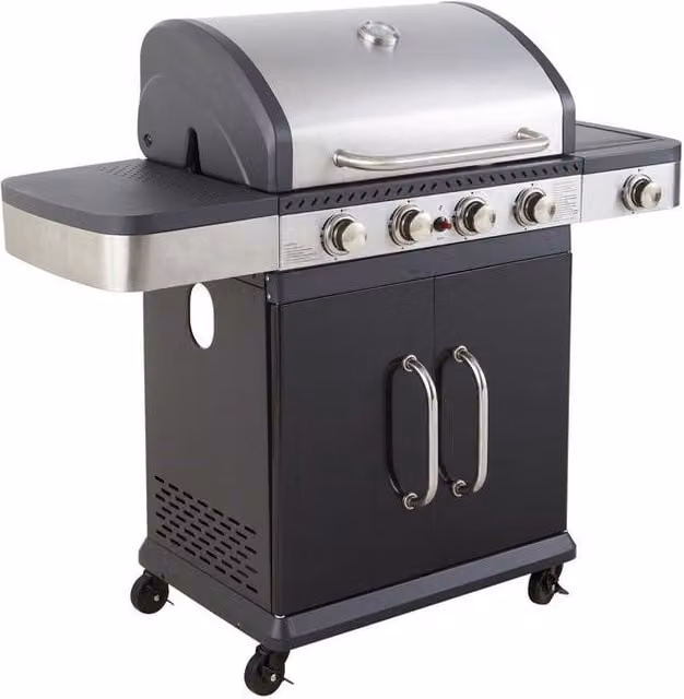 Barbacoa de gas Cook in Garden de 4 quemadores y 14,5 kW con quemador lateral y color plata para 10 comensales