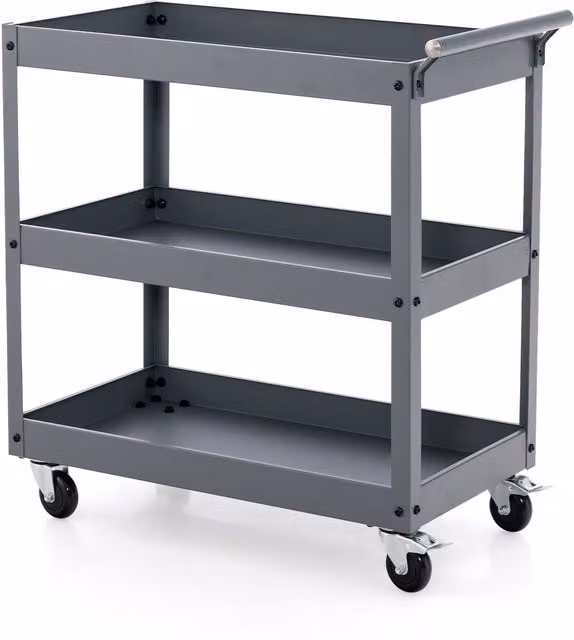 Carrito de metal de 3 niveles con ruedas y asa ergonómica NORTHIO, color gris mate, An/P/Al: 79,0 x 38,0 x 77,5 cm