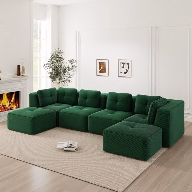 Sofá modular en forma de U con otomana KELLANY, sofá cama reversible de diseño minimalista en tejido de pana verde para tu salón