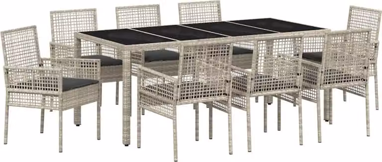 Conjunto de comedor de jardín Syfax de 9 piezas en ratán sintético y cristal color gris mate