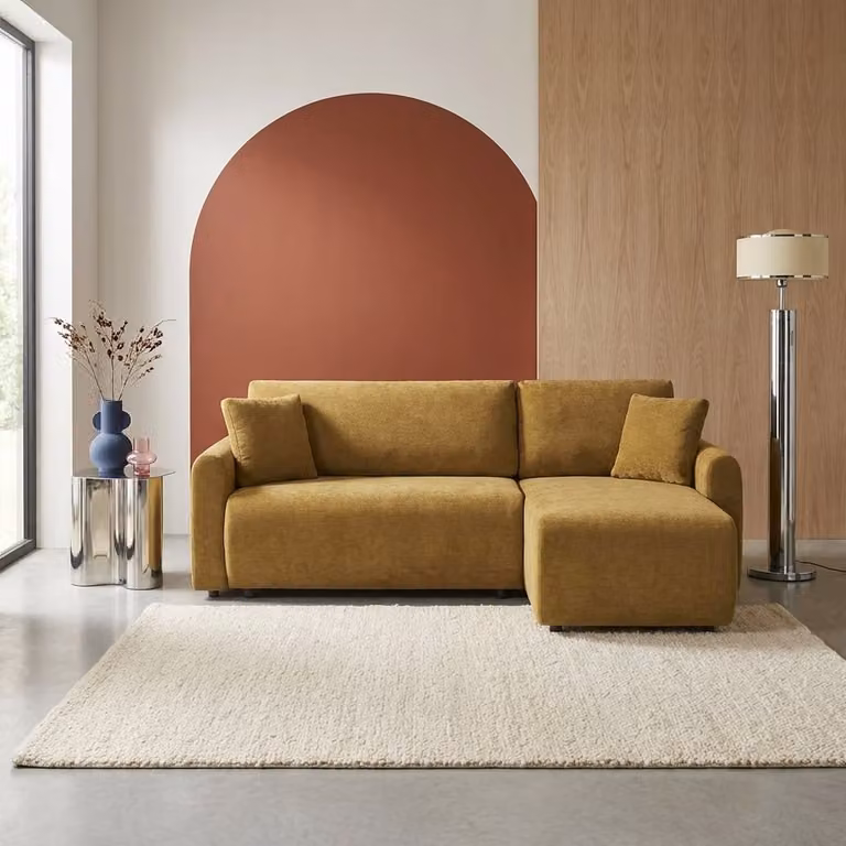 Sofá cama esquinero reversible SWEEEK de tela con arcón y cojines, 3 plazas, color ocre/amarillo, An/P/Al: 205 x 142 x 78 cm