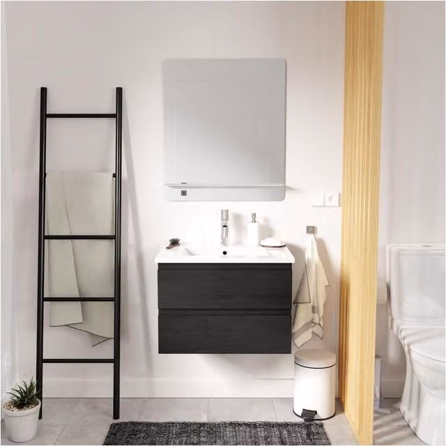 Mueble de baño Sorrento suspendido con lavabo en color negro y acabado roble con cajones internos
