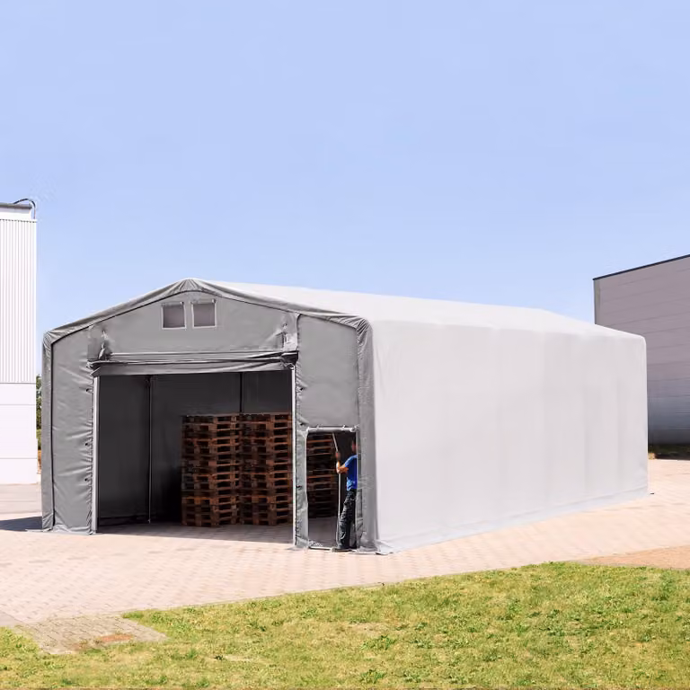 Carpa industrial TOOLPORT de 8 x 12 m con altura lateral de 4,0 m y puerta levadiza, color gris