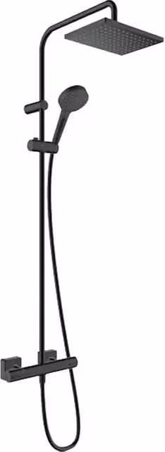 Sistema de ducha termostático Hansgrohe Vernis Shape con columna rígida y efecto lluvia en negro mate