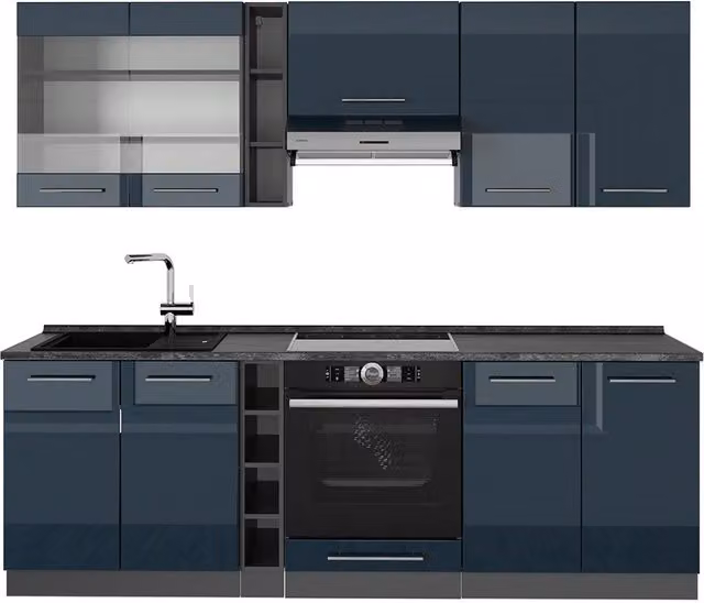 Mueble de cocina Vicco Fame-Line en azul oscuro alto brillo y antracita, An/P/Al: 235 x 60 x 205 cm