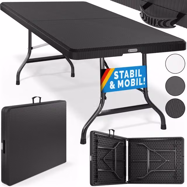 Mesa plegable multifuncional Casaria con aspecto de ratán en color negro, An/P/Al: 180 x 75 x 73 cm