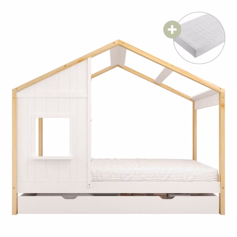 Cama cabaña Sunny de madera de pino blanca con colchón híbrido y cajones para niños An/P/Al: 200 x 90 x 171 cm