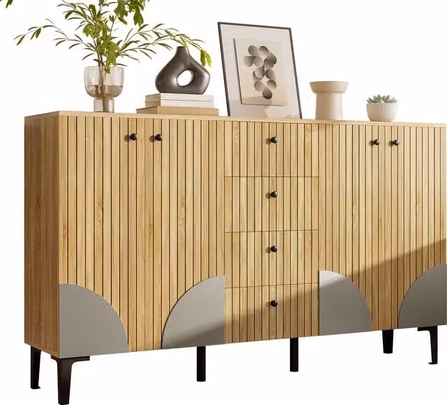 Armario de almacenamiento Kellany de madera con 4 puertas y 4 cajones, diseño minimalista en marrón y negro, An/P/Al: 160 x 36 x 94 cm