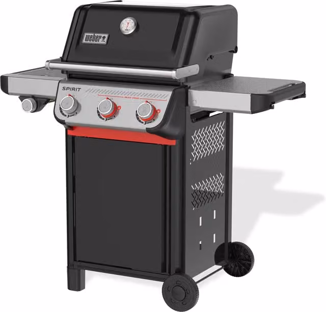 Barbacoa de gas Weber Spirit E-335 con 3 quemadores principales, quemador lateral, rejilla de calentamiento y termómetro en color negro