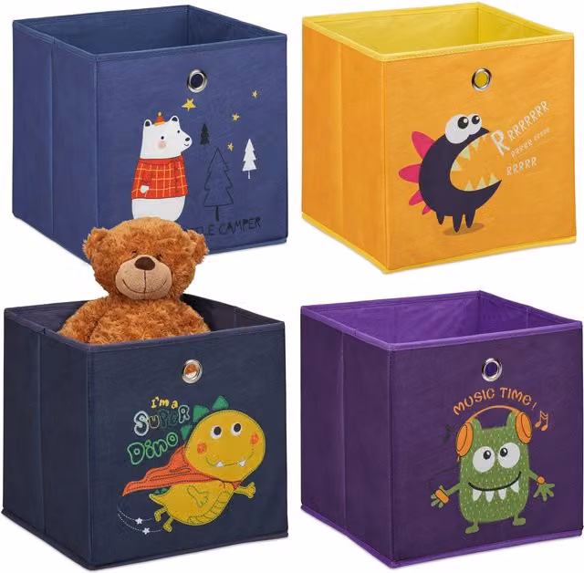 Set de 4 cajas de almacenaje infantiles plegables con diseño de animales y monstruos de Relaxdays, multicolor, An/P/Al: 30 x 30 x 30 cm