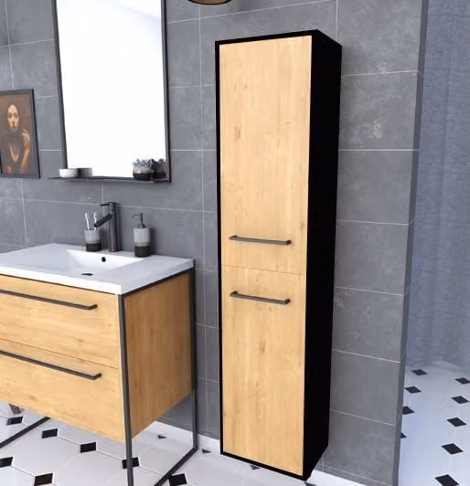 Columna de baño Aurlane negra y roble natural con 2 puertas y tiradores negro mate An/P/Al: 30 x 30 x 150 cm