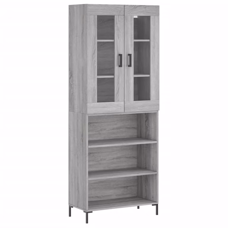 Aparador alto vidaXL de madera contrachapada y metal en gris sonoma con puertas de cristal para salón An/P/Al: 69,5 x 34 x 180 cm