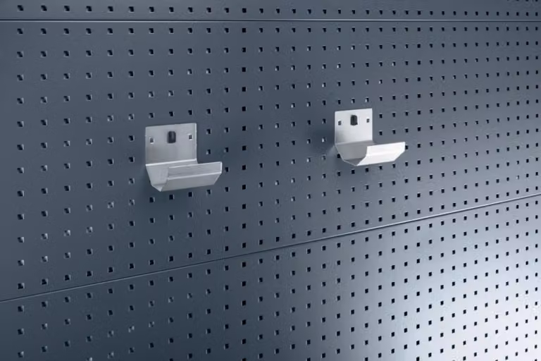 Pack de 2 soportes para botellas de acero galvanizado color plata para paneles perforados, An/An: 10 x 10 cm