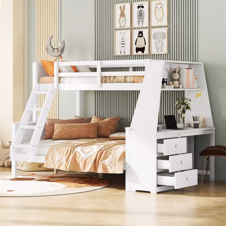 Cama nido juvenil OKWISH con escritorio, estantería y almacenamiento, estructura con barandilla alta y colchón incluido, color blanco, An/P: 140 x 200 cm