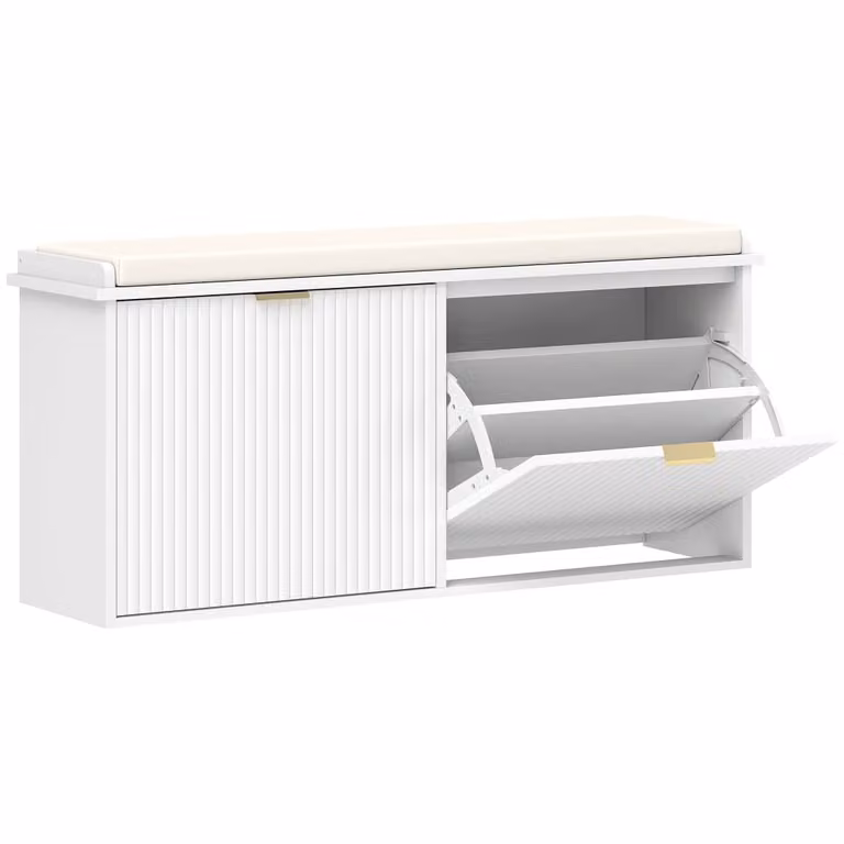 Banco zapatero Homcom moderno en color blanco, beige y dorado, An/P/Al: 104 x 26 x 47.5 cm