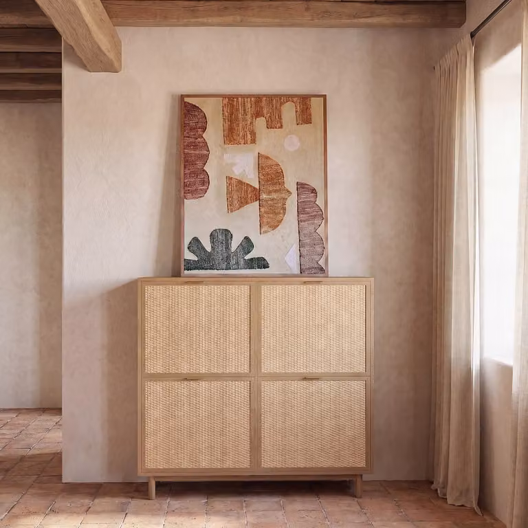 Zapatero de acacia y mimbre Maisons du Monde con 4 puertas en color beige y dorado