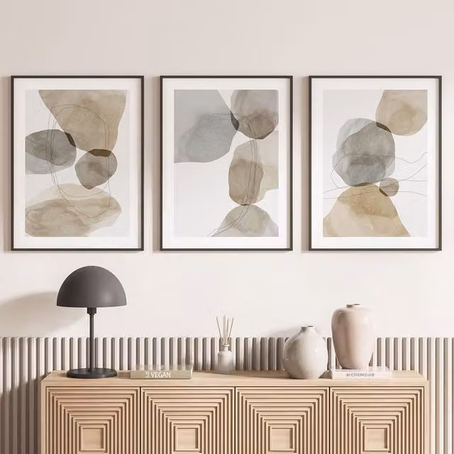 Juego de 3 pósteres de papel Lumalea con diseño abstracto moderno en colores blanco y beige, An/P: 30 x 40 cm