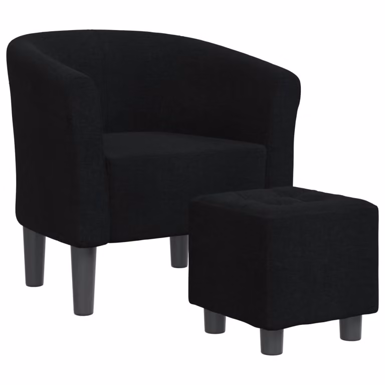 Sillón con taburete vidaXL de tela negra y estructura de madera de pino para salón o dormitorio