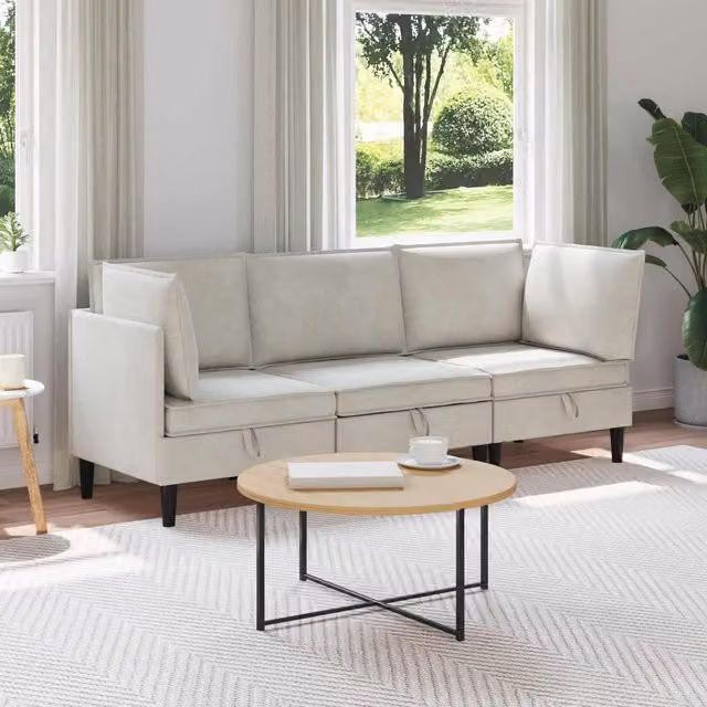 Juego de muebles de salón vidaXL de 3 piezas en terciopelo beige con diseño moderno en forma de L y cojines incluidos