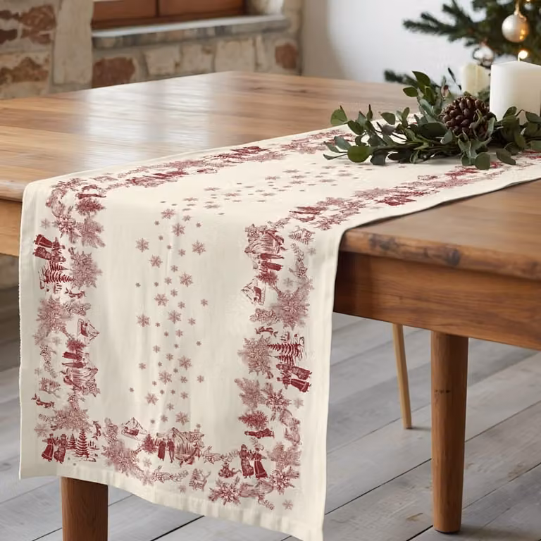 Camino de mesa de Navidad Muare Home de algodón en rojo y blanco, An/P: 50 x 150 cm