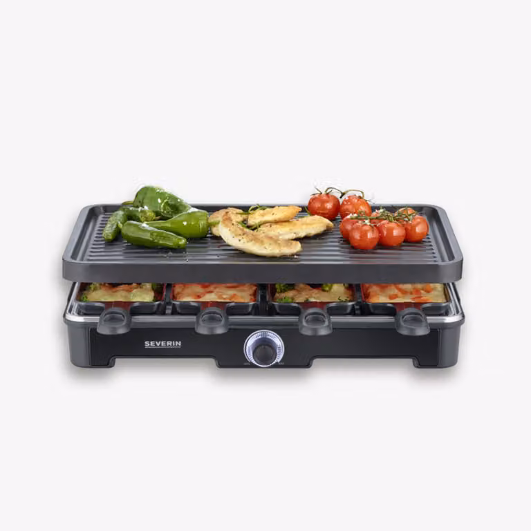 Set de Raclette Severin IFA con 8 porciones, placas lisas y estriadas, termostato ajustable y revestimiento antiadherente en color negro y antracita