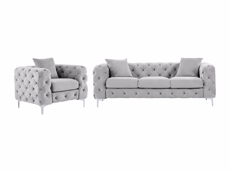Conjunto de sofá de 3 plazas y sillón estilo Chesterfield de terciopelo gris VENTE-UNIQUE con estructura de madera sólida y cojines decorativos