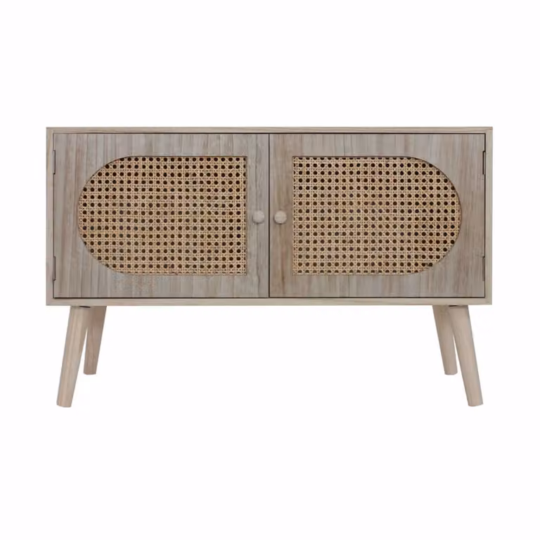 Aparador bajo estilo boho Rebecca Mobili con 2 puertas de madera marrón y detalles de ratán